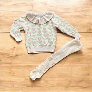 GIRLHOOD Tulip Ruffle Collar Sweater | Matching Tights Set Girls 2/3